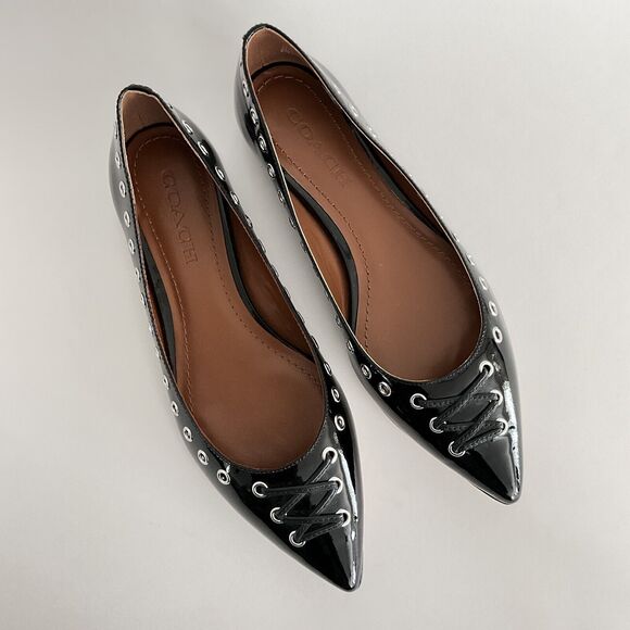 Coach Flats 6M Black All Leather Point-toe Lace-up Front Breathable Grommet - Picture 11 of 12